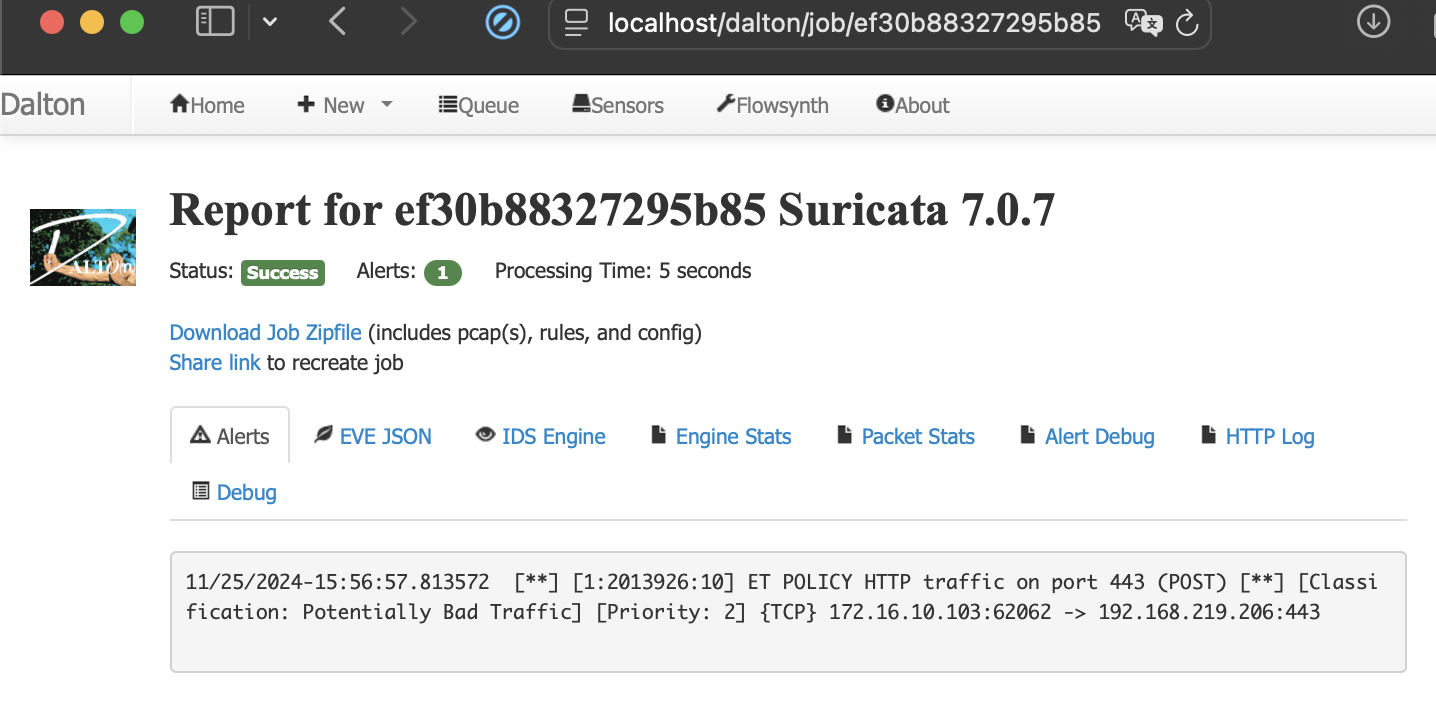 Dalton output showing Emerging Threats lacking detection for the base64 encoded "powershell"