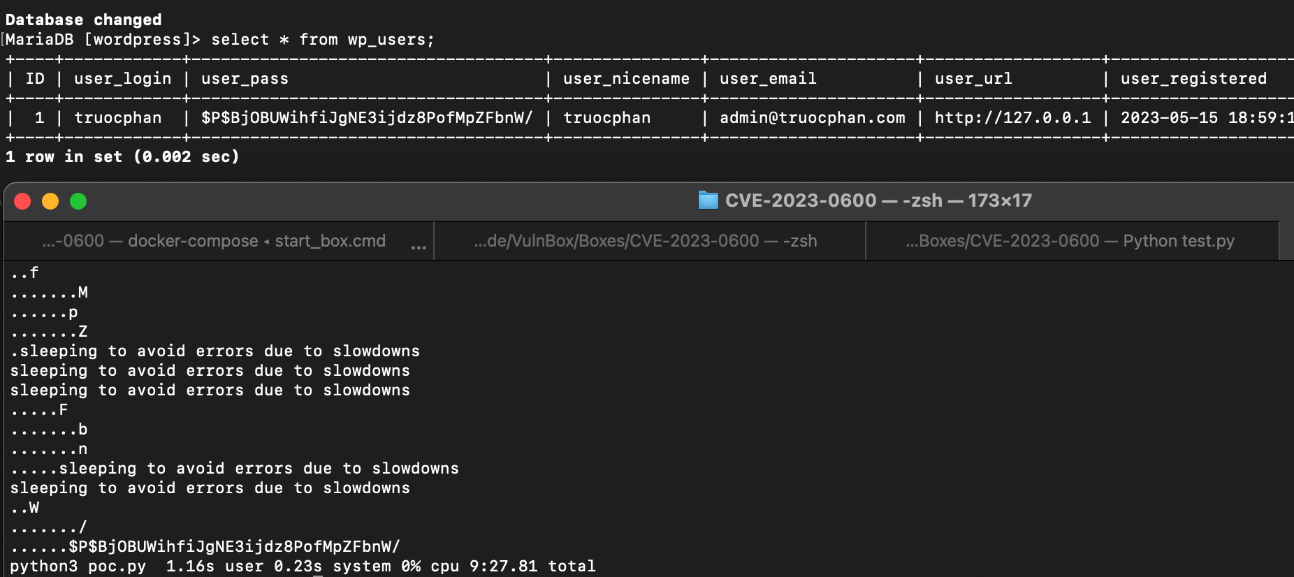 Same script except slowly recovering password hash. Final output shows the same WordPress hash as the database contains.