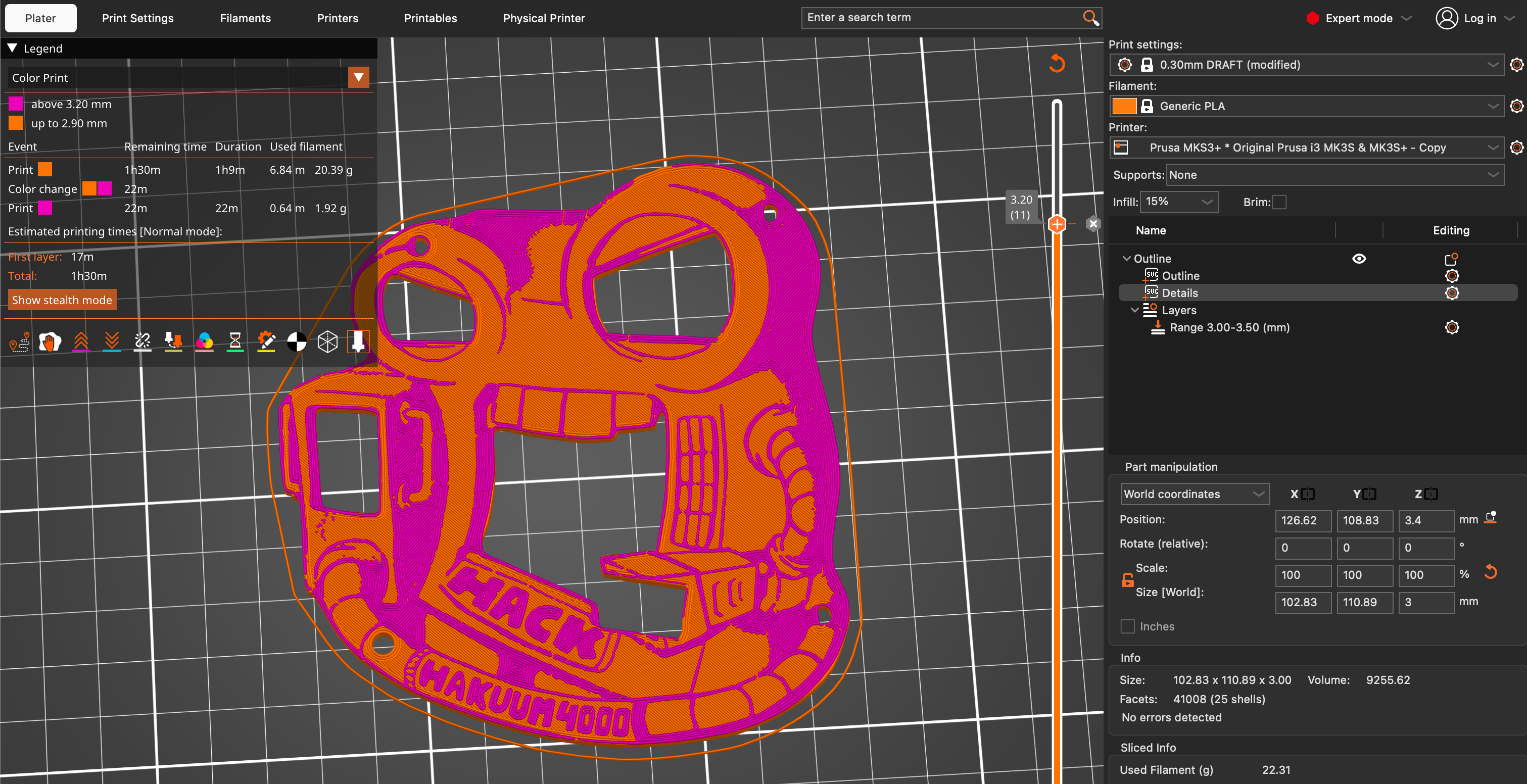 PrusaSlicer screenshot showing preview of color change 2 color print with a bold color choice.