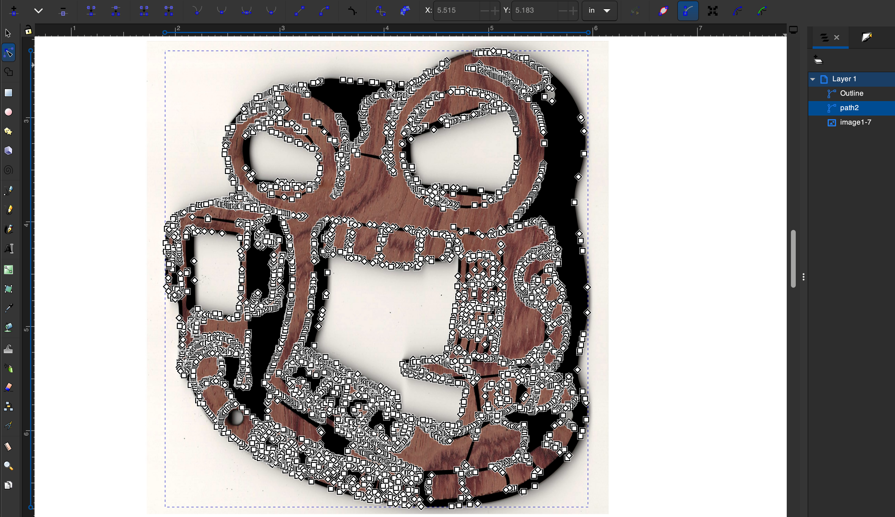 Inkscape shot showing 2 path layers and an image layer. Nodes showing on top of traced image.