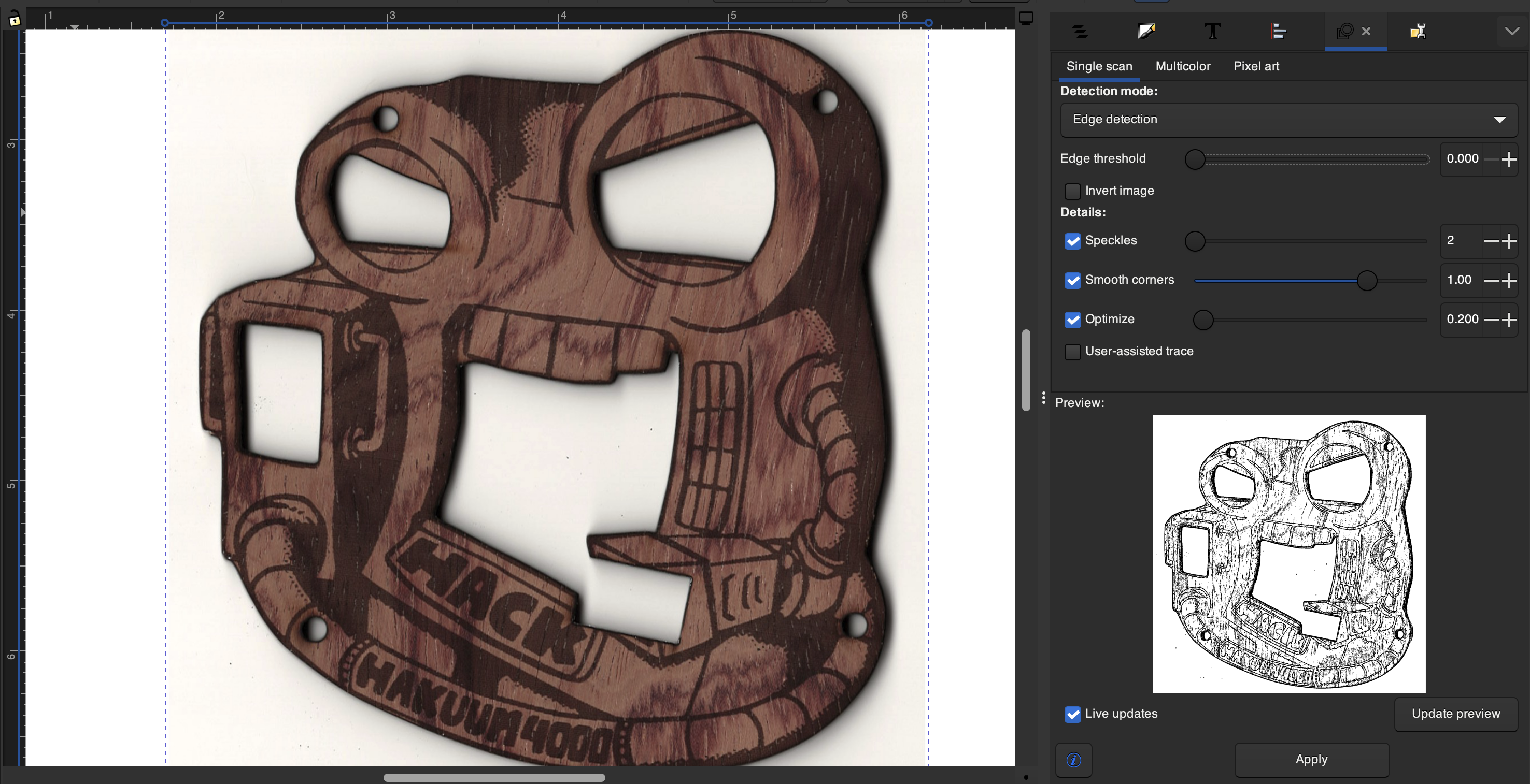 Inkscape screenshot showing scanned image and trace bitmap preview.