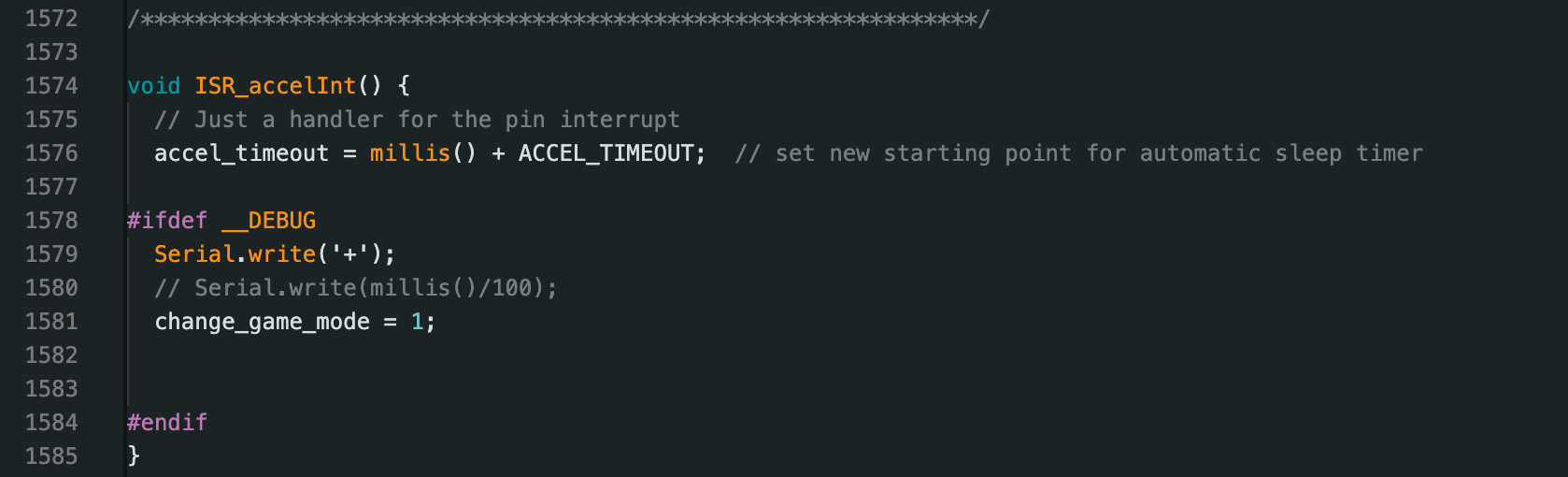 Arduino IDE showing acceleration interrupt handler
