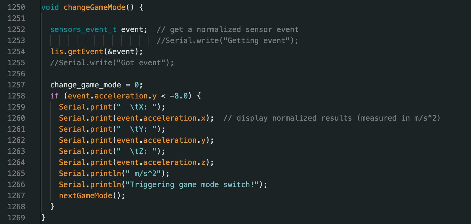 Arduino IDE showing change_game_mode() code