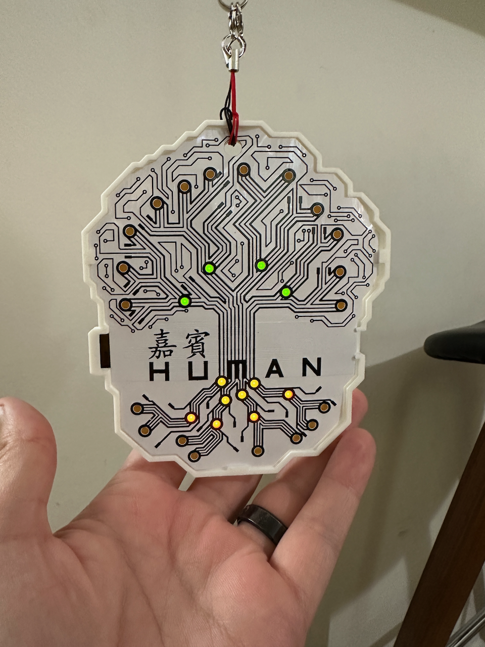 Badge with protector and two lobster lines holding the weight off the delicate plastic.