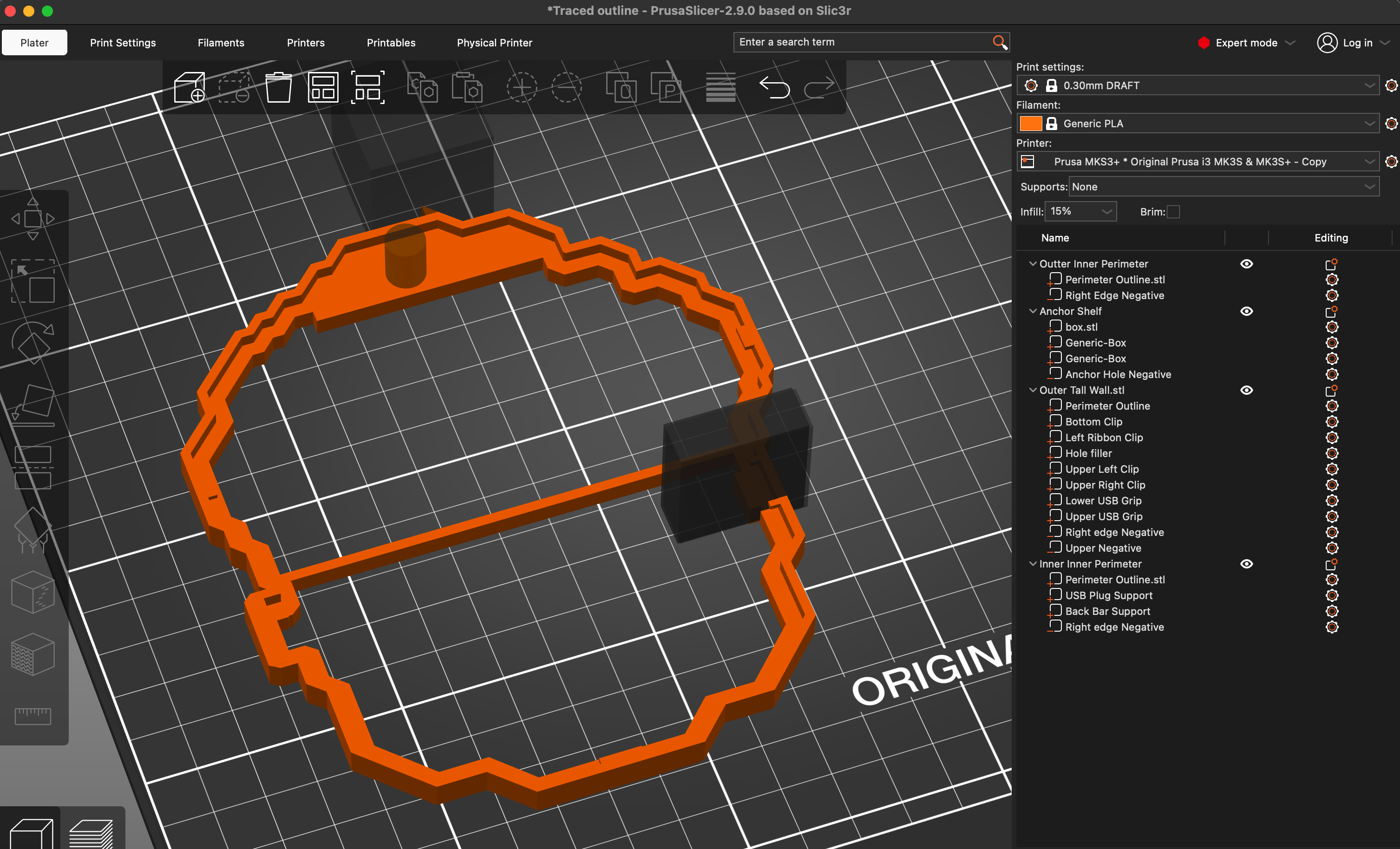 PrusaSlicer screen showing unsliced model with negative modifiers and a clean hierarchy list of parts with each piece named for clarity