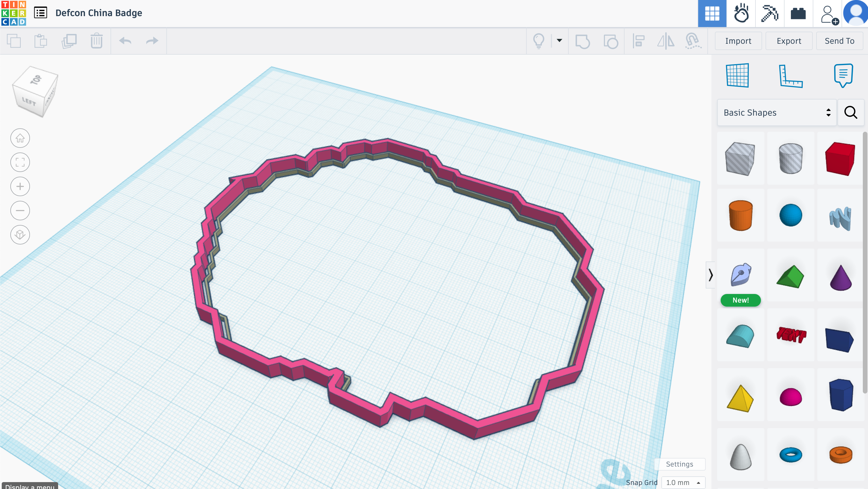 Tinkercad screen showing traced outer outline shape having been extruded adding a taller edge protection border
