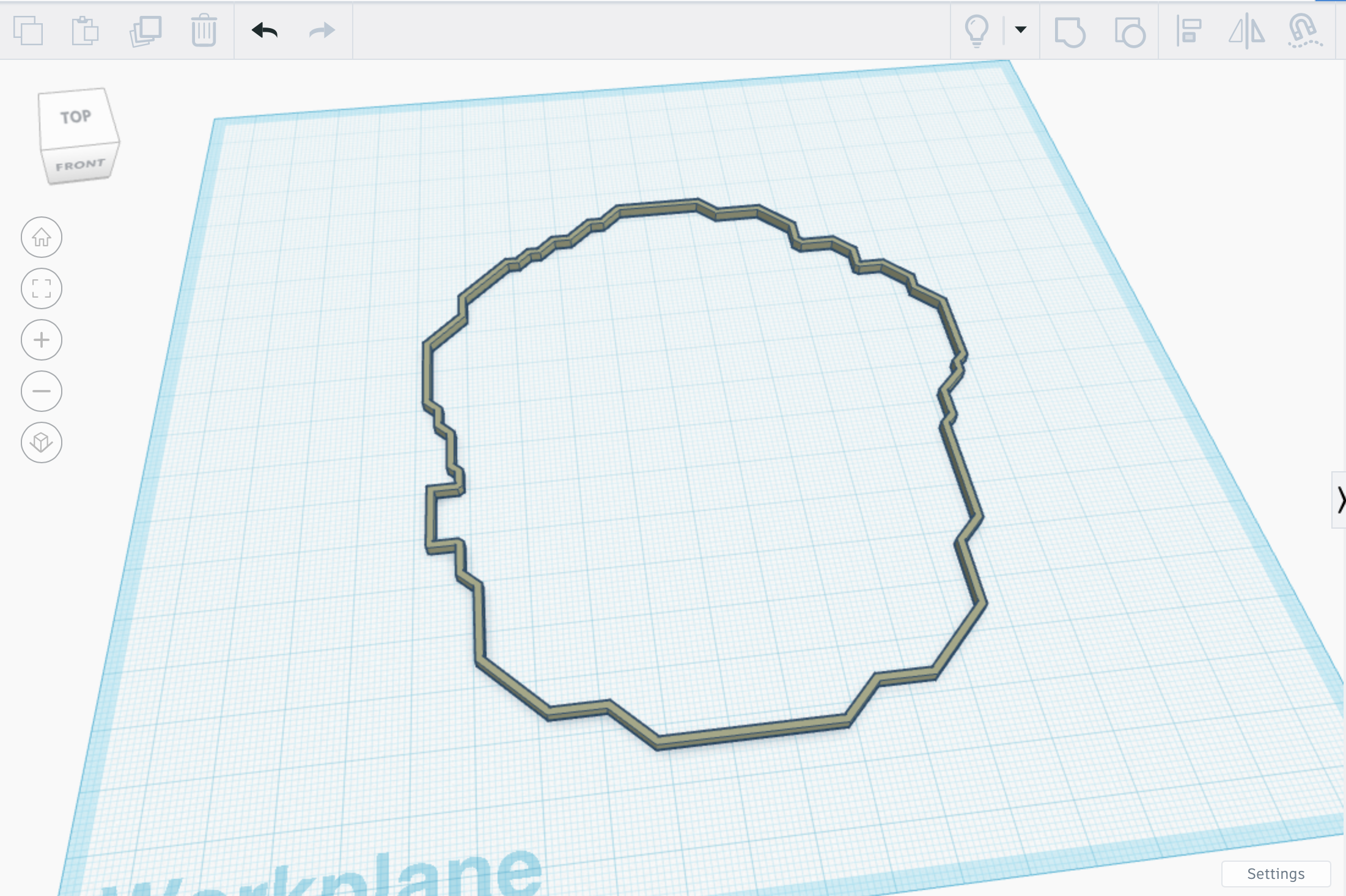 Tinkercad screen showing traced inner outline shape having been extruded for height, giving a flat back shape
