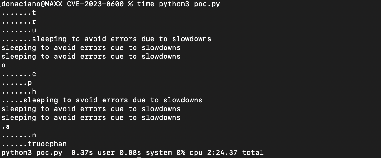 Command line output of script showing username built up character by character. Final output shows truocphan