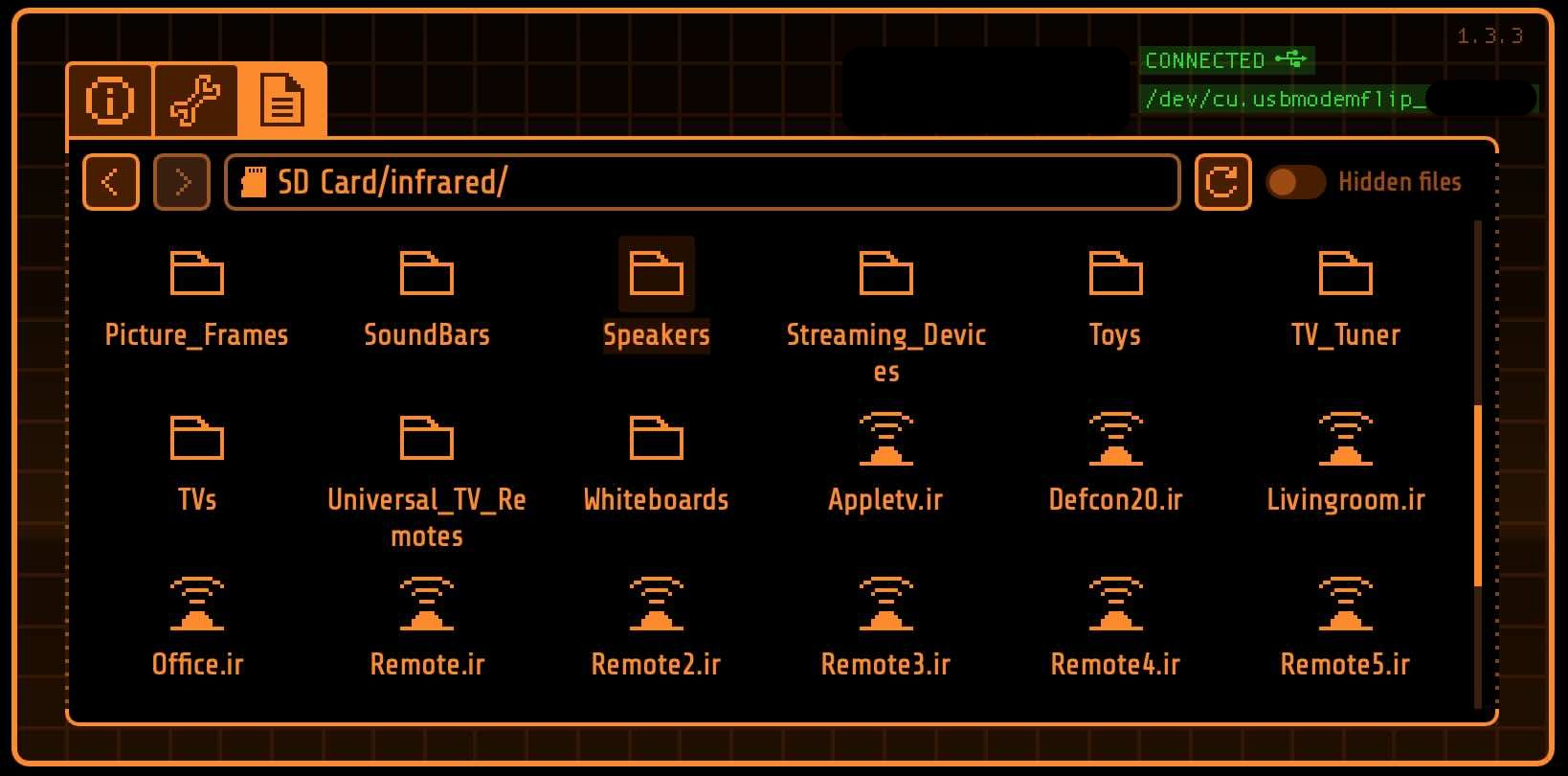 Flipper Zero screen, IR files