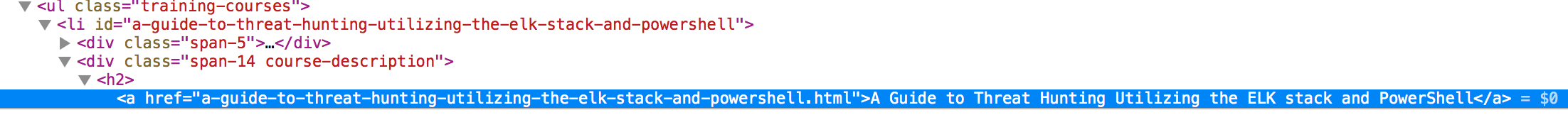 Image of Safari Element Inspector, showing the element tree with the class description line with link highlighted