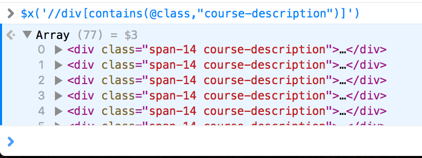 Browser javascript console showing: $x('//div[contains(@class,"course-description")]') and it's array results